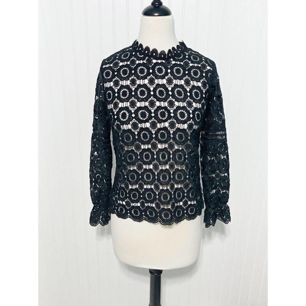 Boho Open Knit Crochet Floral Lace Top Long Sleeves High‎ Neck Black Size Large